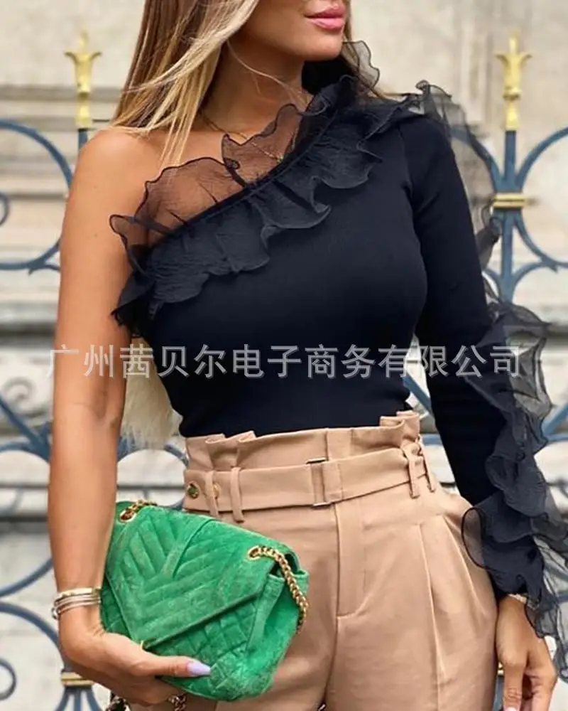 

2021 new mesh ruffled one-shoulder knitted top