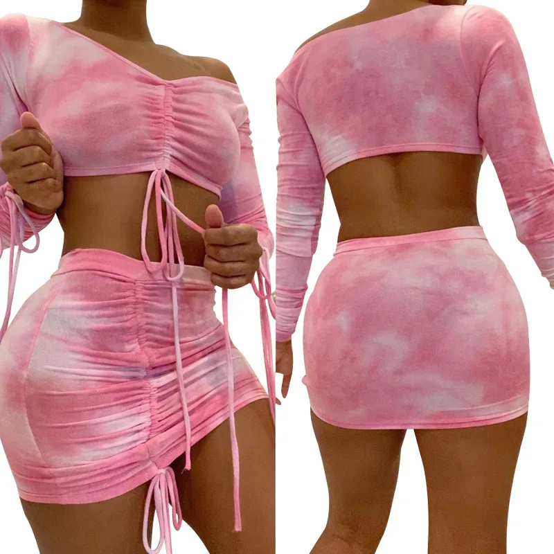 

Spring Autumn Tie Dye Printed 2Pieces Set For Women 2020Long Sleeve Drawstring Pleated Tube Tops Mini Pleated Hip Skirts Outfit