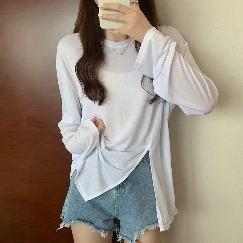 

Новинка осени 2021 от Hzirip, модная повседневная однотонная Универсальная женская футболка с круглым вырезом и длинными рукавами