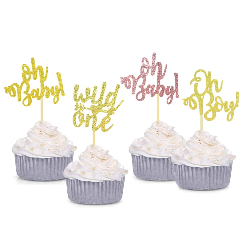 

10/20pcs Gold Sequin "Oh Baby" Cake Toppers Baby 1th Birthday Party Cupcake Toppers Flags Wedding Bride Party Baby Shower Decor