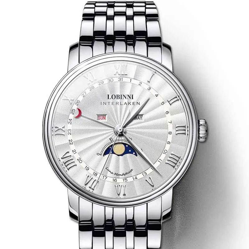 Silver White Steel LOBINNI Роскошные Брендовые мужские часы сапфир водонепроницаемый Moon Phase кварцевые часы мужские кожаные reloj hombre календарь horloges mannen - Цвет: Silver White Steel