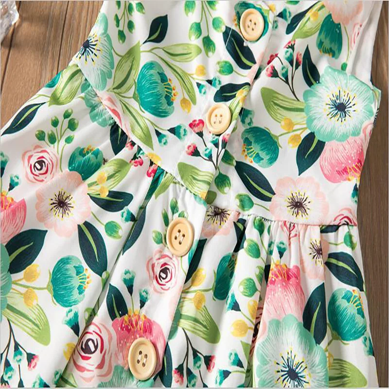 Summer Clothing New Style Sleeveless Clothes Printed Children's Dresses With Buckle For Girls Dress Green Leaf Flower Baby Skirt | Детская