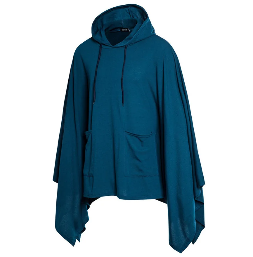Mens Pocket Irregular Patchwork Hooded Loose Bat Sleeves Hooded Cloak Cape Coat Poncho Outwear Tops Knitting Hoodies Sleeve