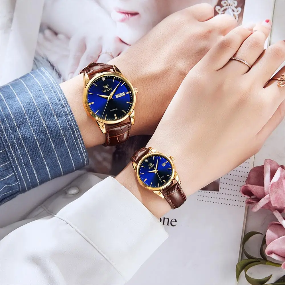 OLEVS Couple Automatic Watch for Men Women Pair Matching His & Hers Mechanical Watches Wristwatch Date Valentine's Gifts Set