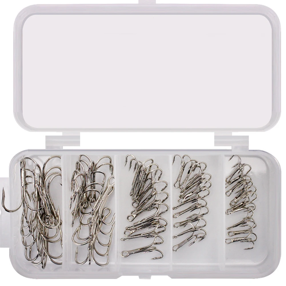 

50PCS Treble Hooks Nickel Fishing Hooks High Carbon Steel Small Round Bend Triple Hard Lure Spoon Fishhook With Plastic Box