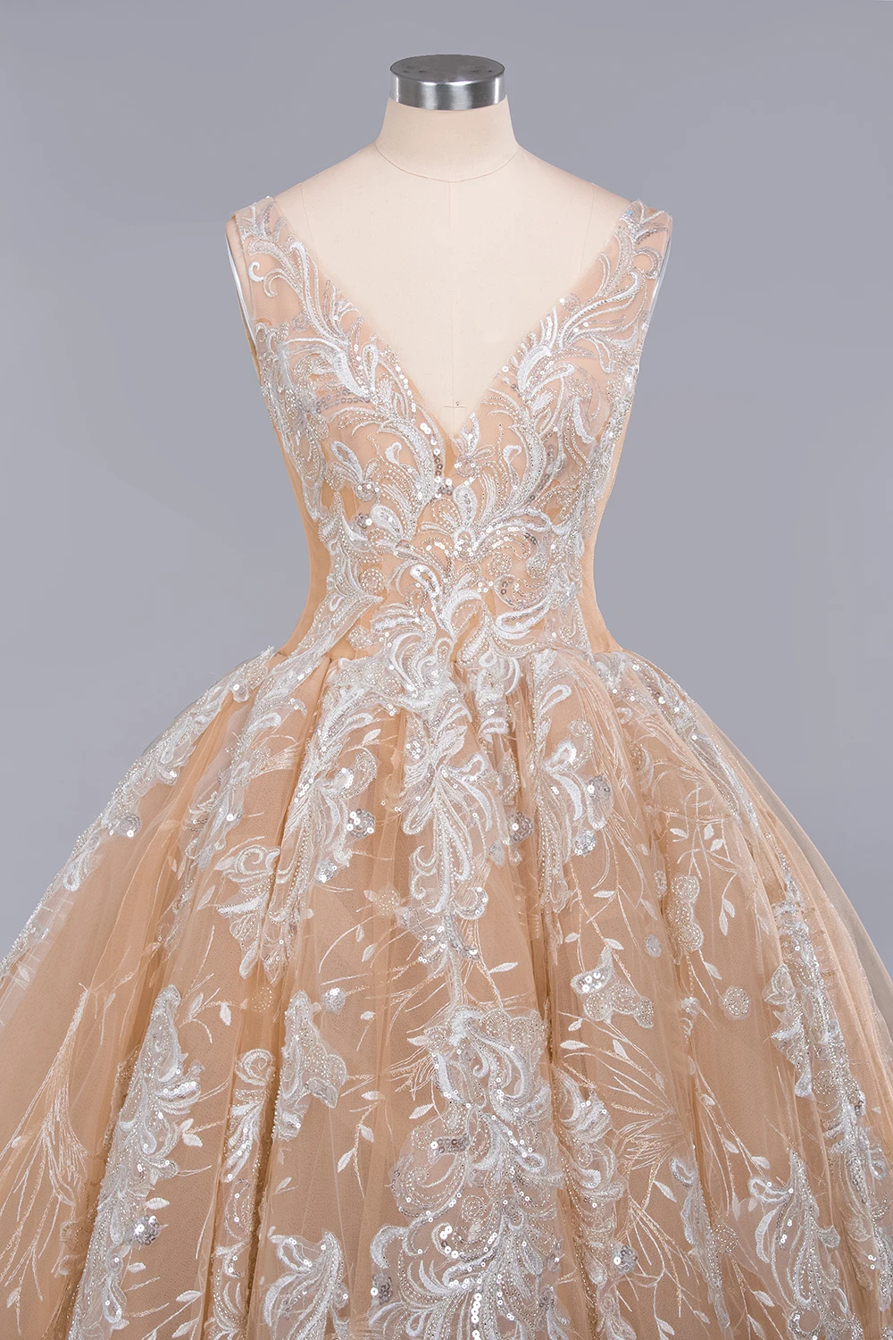 Robe Mariage Lace Luxury Sequins Wedding Dresses 2019 Appliques Backless Sleeveless V Neck Bridal Ball Gown Vestido De Noiva