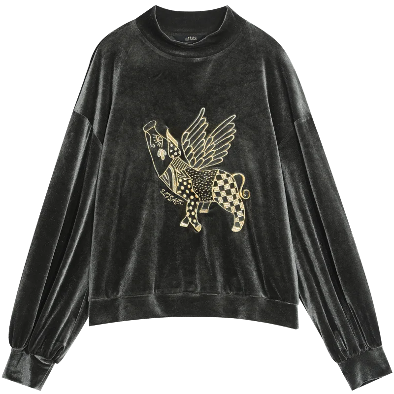 ELFSACK Green Pig Print Turtleneck Casual Velvet Sweatshirt Women Tops Autumn Streetwear Oversize Female Sweatshirts