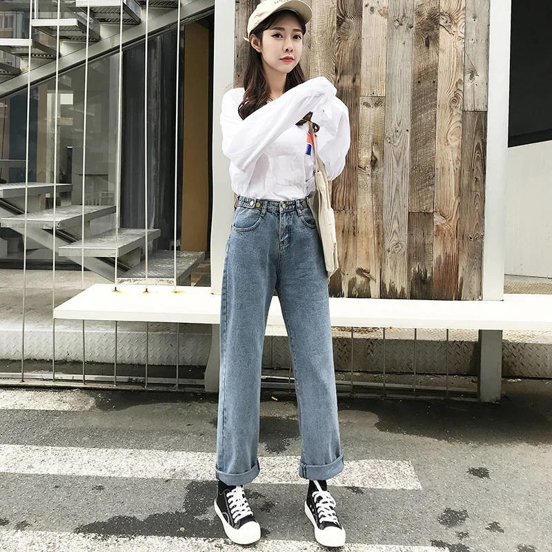 

LIBERJOG Women Jeans Mid Waist Casual Loose Wide Leg Boyfriend Denim Pants Vintage Spring Summer Cotton Multi-size Female