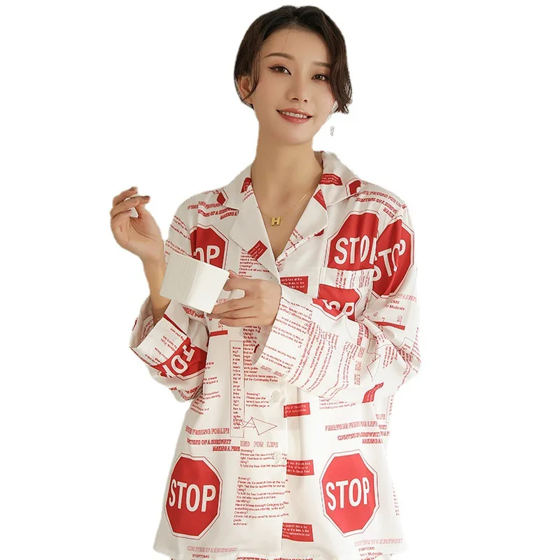 

Red 2PCS Spring New Pajamas Set Women Casual Letter Print Sleepwear Turn-down Collar Shirt&Pant Home Wear Faux Slik Nightwear