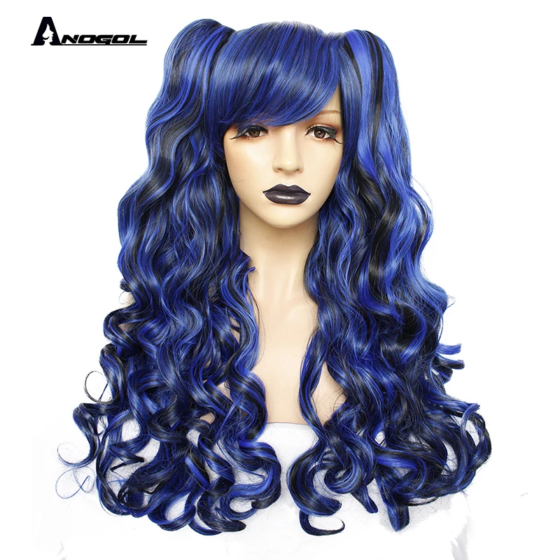 Dark Blue ANOGOL длинные волнистые Лолита высокая температура волокно коричневый розовый красный черный блонд многоцветные синтетические Косплей парики 2 хвоста - Цвет: Dark Blue