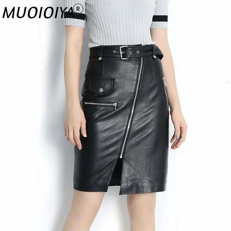 

Front Zipper Punk New Fashion 2021 Spring Autumn New Fashion Black Sheep Skin High Waist Genuine Leather Skirt Women With Belt