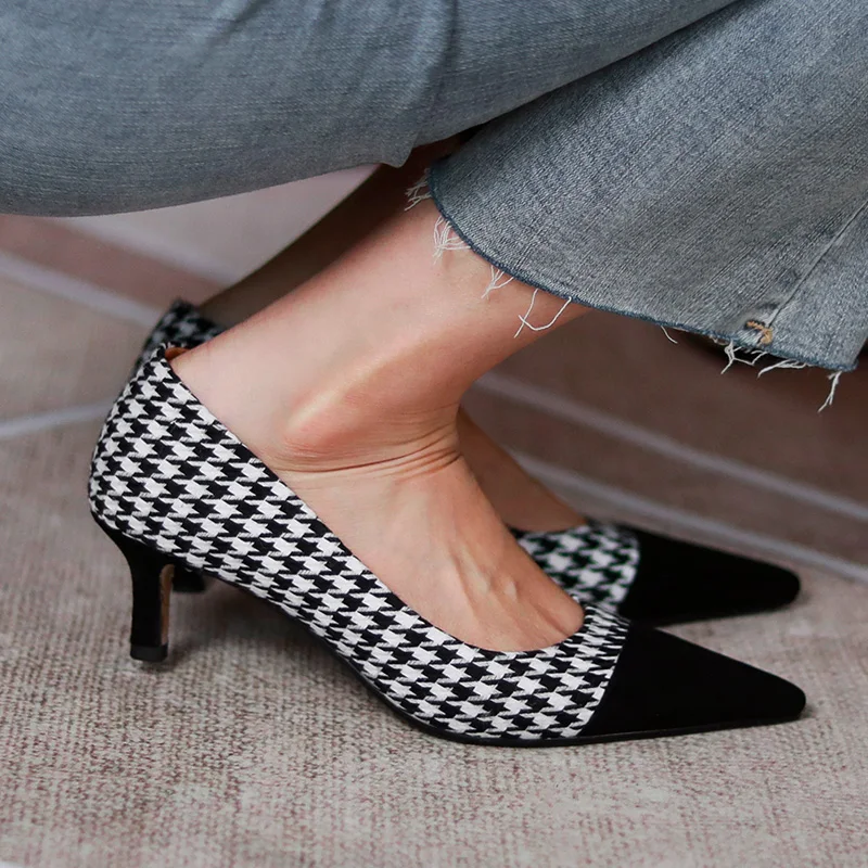 

Women's genuine leather Houndstooth patchwork slip-on pumps elegant ladies pointed toe dress shoes high quality evening heels