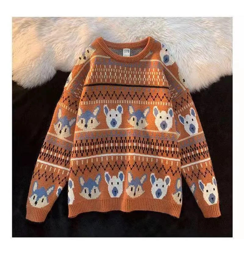 

Cartoon Jacquard Vintage Sweater Women Pullover Winter Striped Jumpers Korean Style Loose Knitwear Casual Couple Clothes Fashion