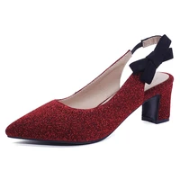 high heels women pumps block heels slingbacks shoes glitter bow pointed toe shoes lady red blue big size 44 45 46 10 11 12