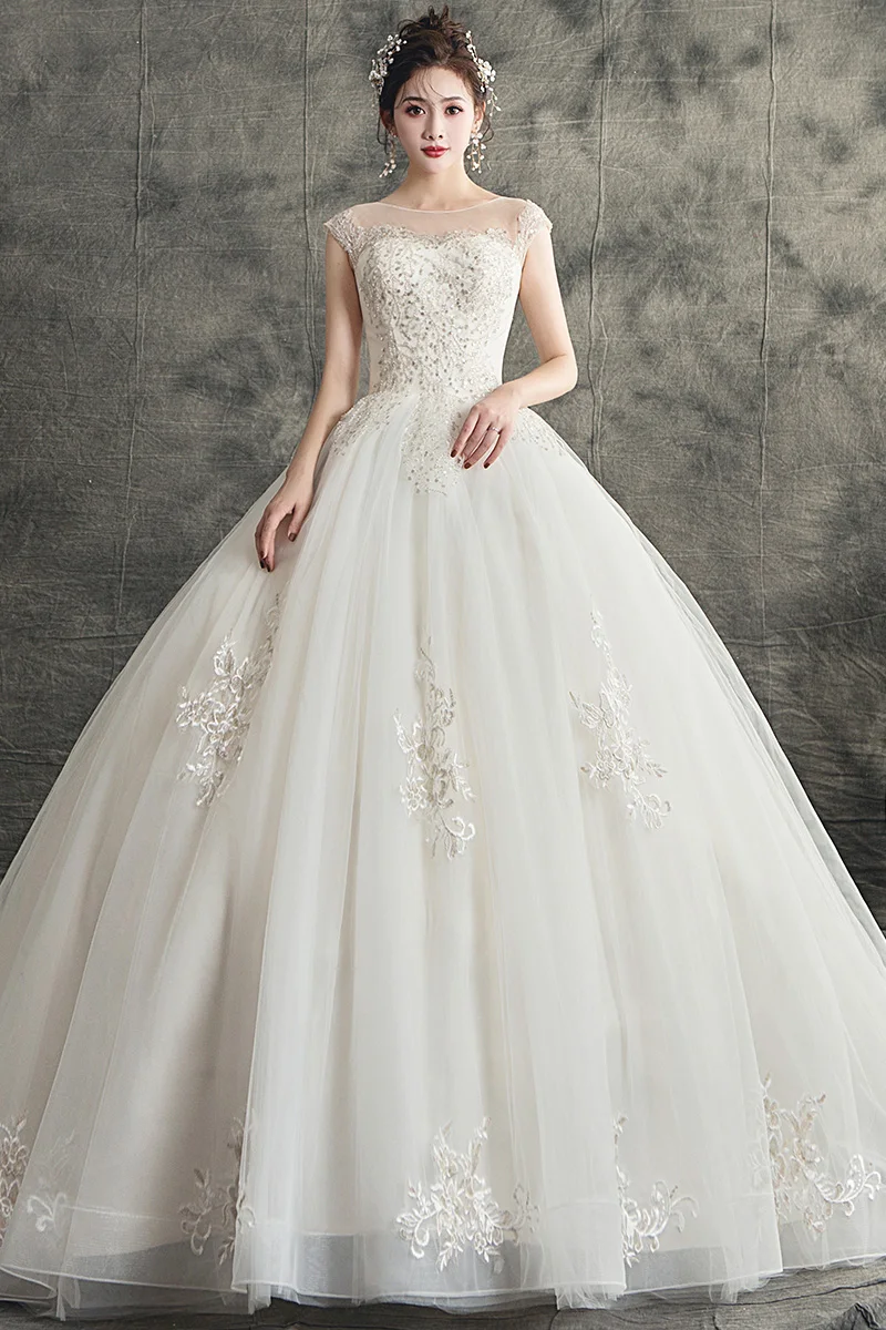 Mrs Win/свадебное платье Роскошное кружевное длинное бальное с круглым вырезом и