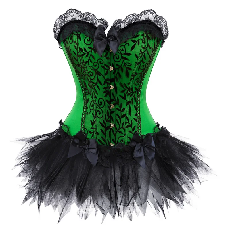 Vintage Corset Dress Evening Casual Corset Dress Sexy Women's Green Lingerie Black Lace Mesh Mini Tutu Skirt Set Showgirl Dance