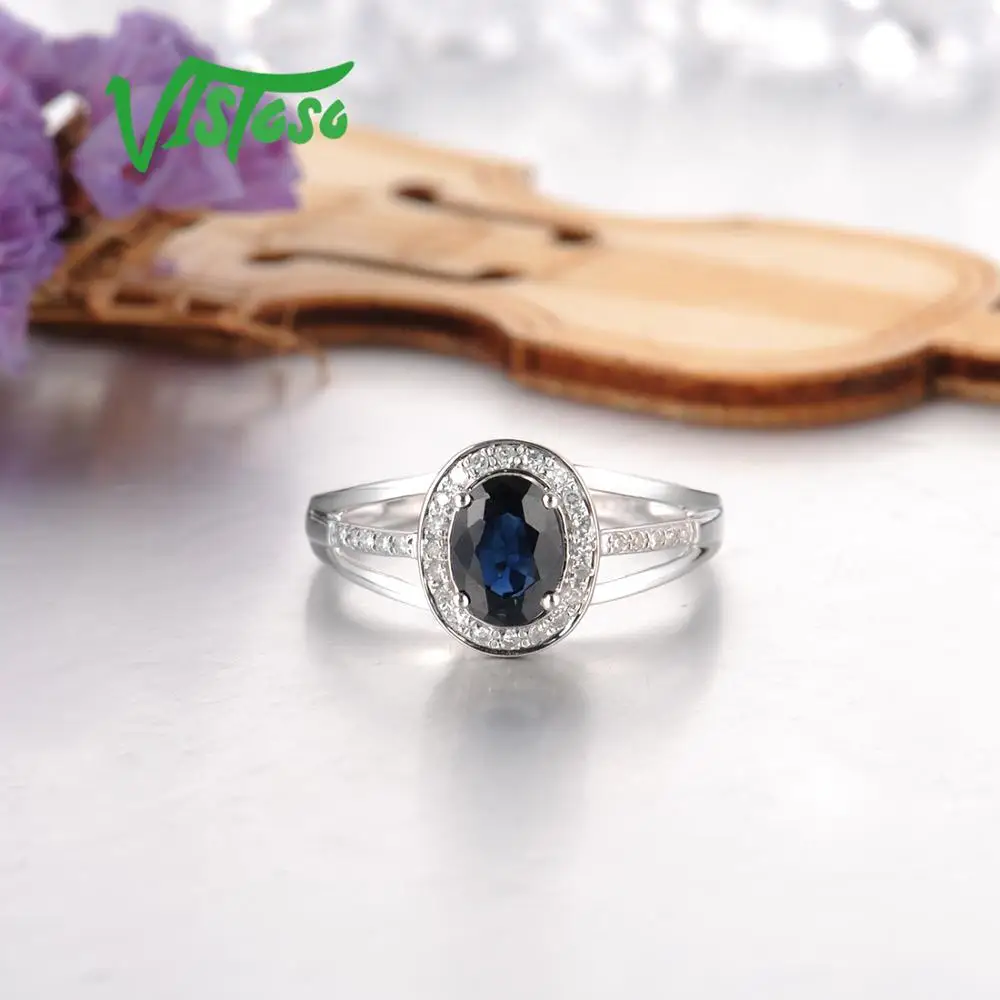 VISTOSO 14K White Gold Rings For Women Genuine Sparkling Diamond Fancy Blue Sapphire Engagement Anniversary Unique Fine Jewelry