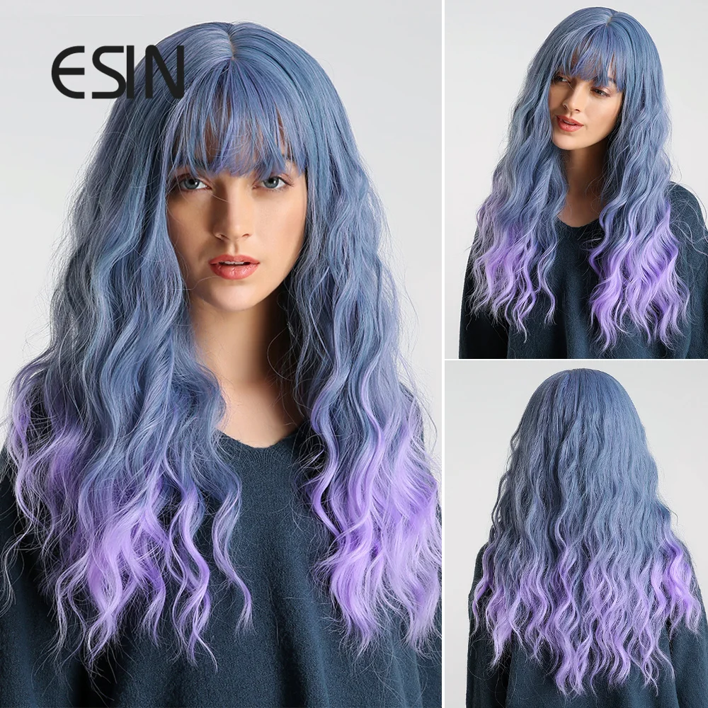 ESIN синие фиолетовые волосы омбре с челкой длинные волнистые синтетические
