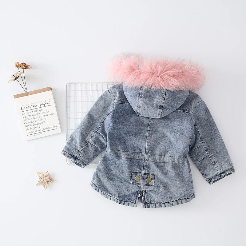 Girls Winter Plus Velvet Denim Jackets Children Fur Collar Hooded Casua Coats Kids Cotton Parkas Outwear |