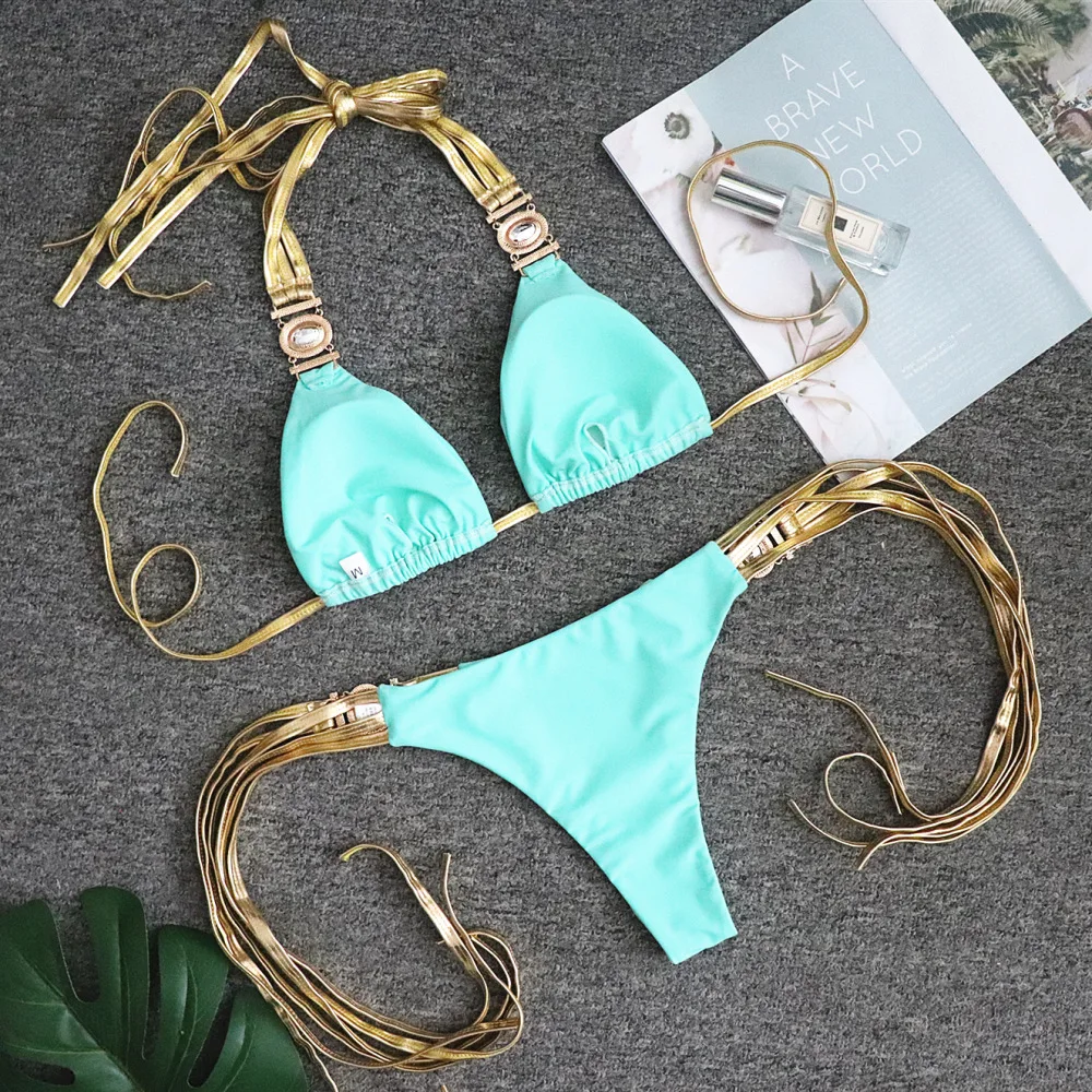 

Sexy Crystal Bikini Set Push-up Bra Brazilian Tassel Swimwear Women Halter Solid Red Rhinestone Bathing Suit Tanga Swimwear 2021