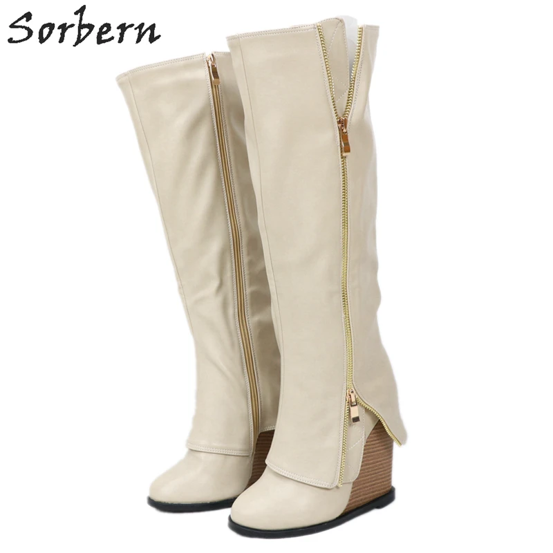 Sorbern/женские сапоги до колена цвета хаки на танкетке высоком каблуке молнии botas