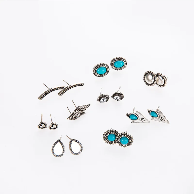 

9 Pairs Vintage Turquoise Stone Leaf Ear Stud Earrings Women Fahion Jewlery Set