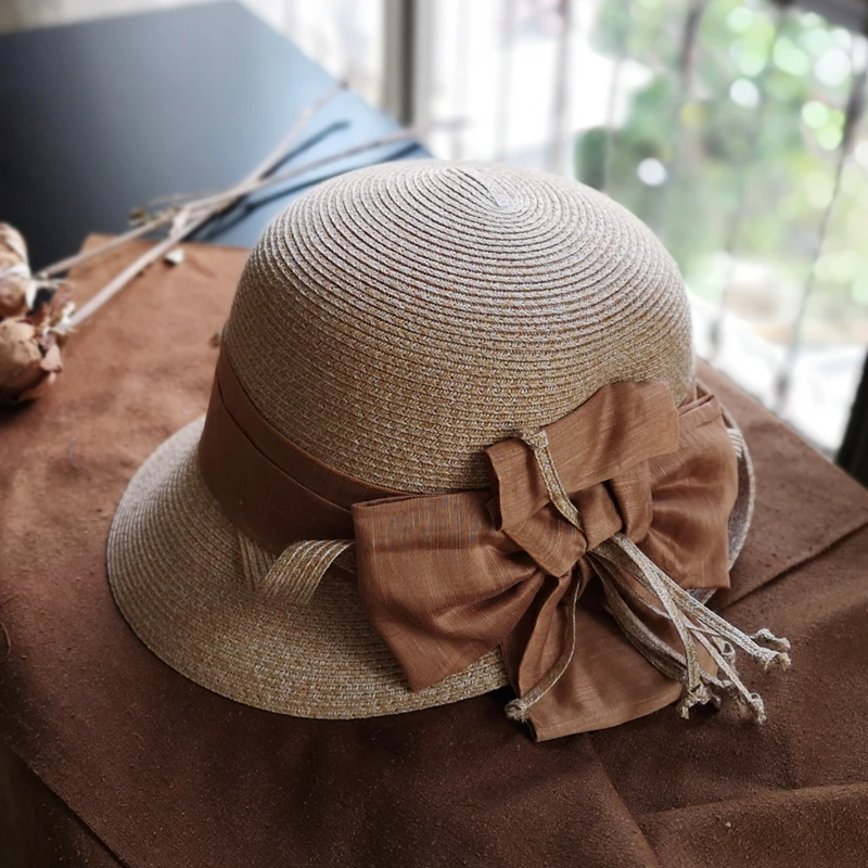 

Luna&Dolphin Handmade Women Summer Sun Straw Hat UV Protect Big Bowknot Beach Straw Cap Camel Grey Girl Elegant Floppy Top Visor