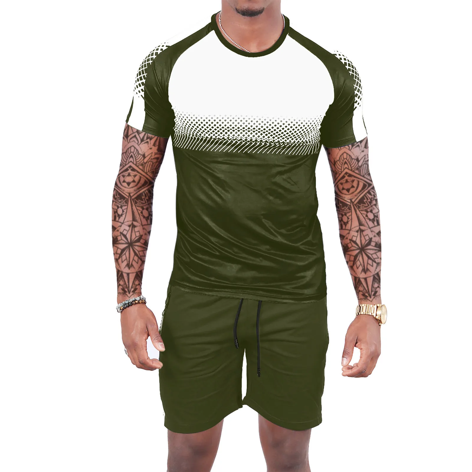 

Summer Suit Men's Summer Color Matching Mesh Cross Ray Round Neck Short Sleeve Shorts Casual Sports Suit