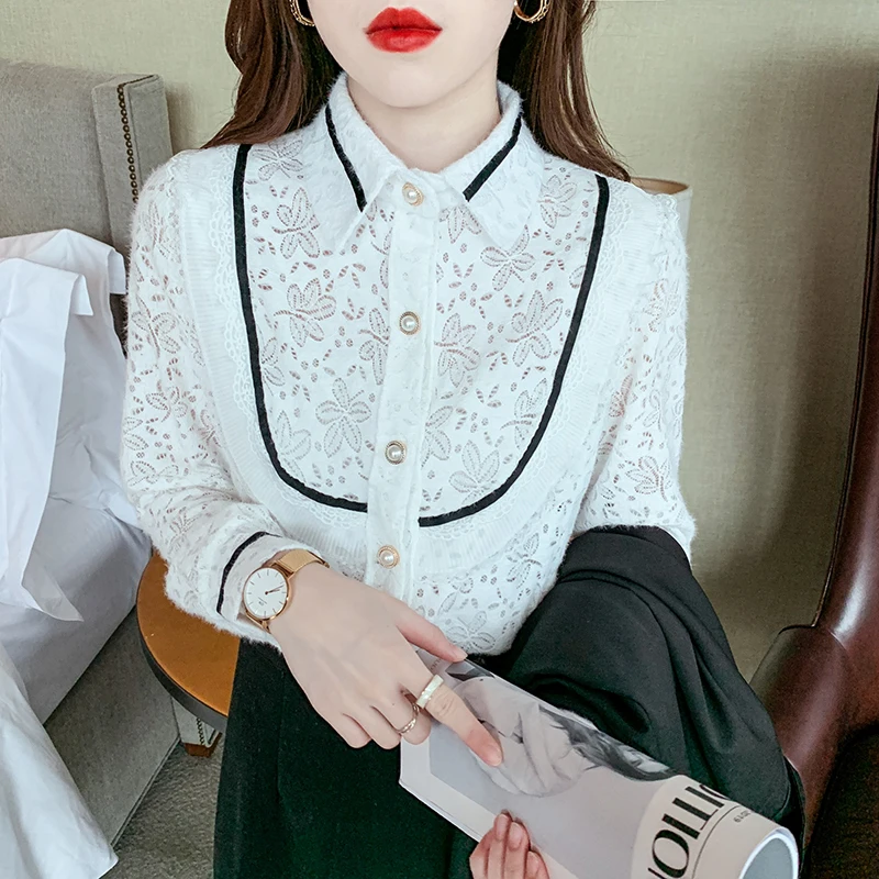 

COIGARSAM Shirt Womens Tops Autumn 2021 New Long Sleeve Lace Women Shirts