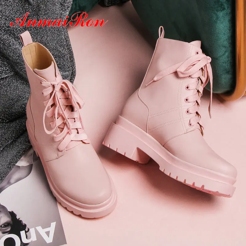 

ANMAIRON 2019 Fashion Genuine Leather Boots Women Round Toe Lace Up Mid Calf Motorcycle Boots Short Plush Women Shoes Size 34-43