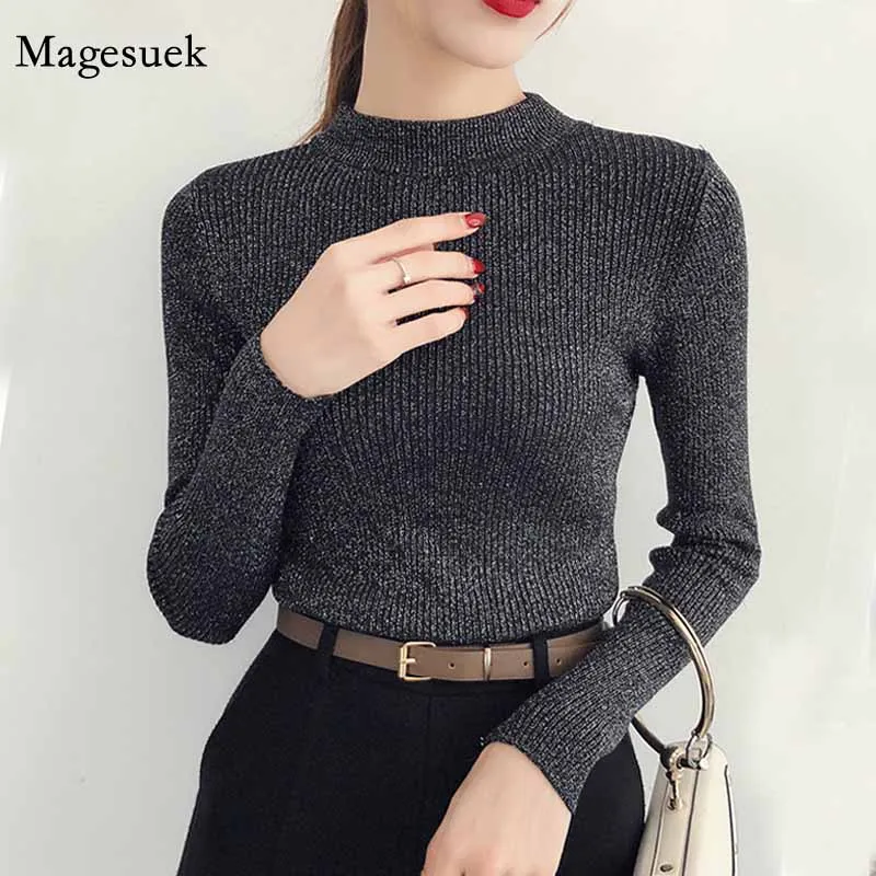 Женский трикотажный пуловер однотонный черный свитер с высоким воротником