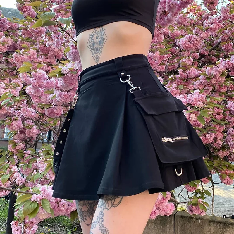 

Black High Waist Black Skirts Harajuku Punk Gothic Women Sexy Patchwork Bandage Mini Skirt Female Streetwear Black Skirt