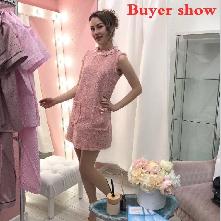 Роскошные Для Женщин Осенние твидовые розовое офисные вечерние платье Zomerjurk Dames