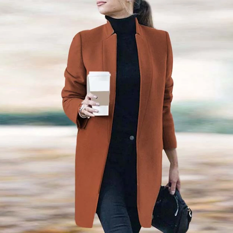 

Women's Fashion Casual Solid Color Stand Collar Woolen Long Sleeve Jacket