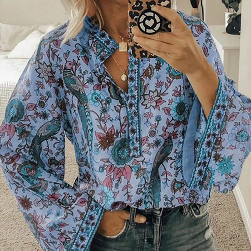 

Women Flare Long Sleeve Blouse Fashion Floral Printed Bohemian Shirt V Neck Ladies Peacock Long Sleeve Loose Tops Female Blouse