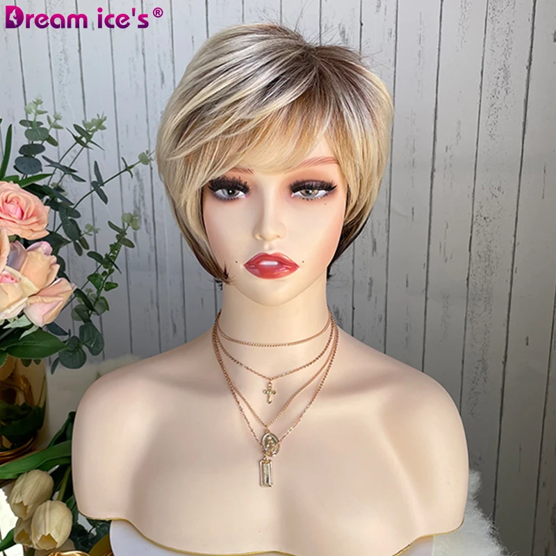 Короткий синтетический парик с волнистыми прямыми волнами и челкой блонд дрок