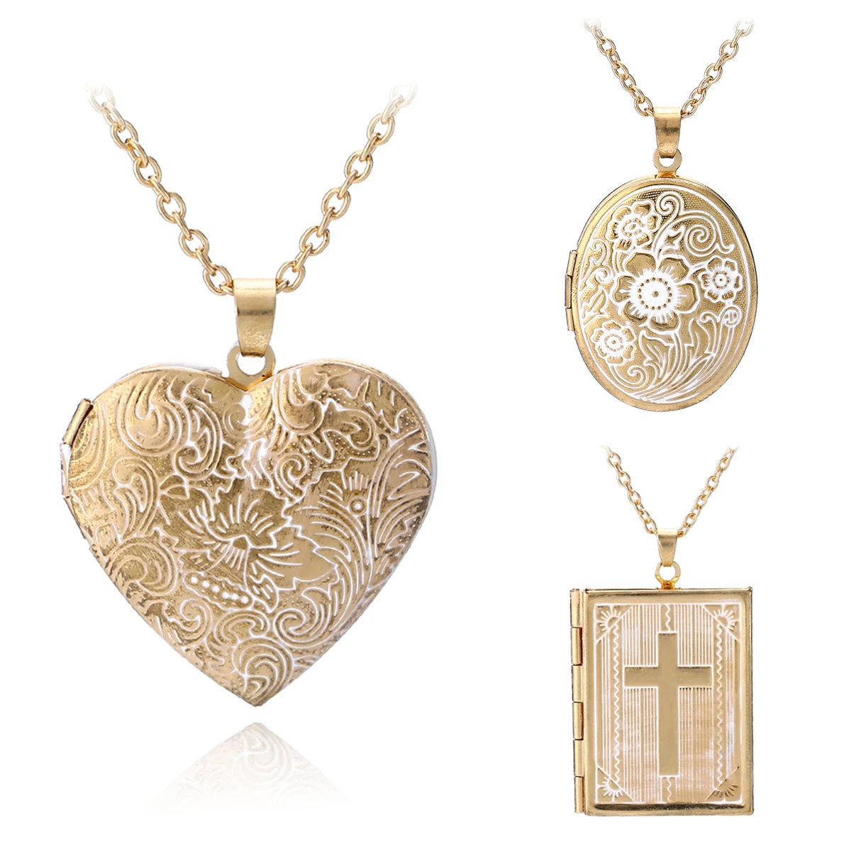 Carved Designs Heart Photo Frame Pendant Necklace Oval Floating Locket Women Men Fashion Memorial Jewelry | Украшения и