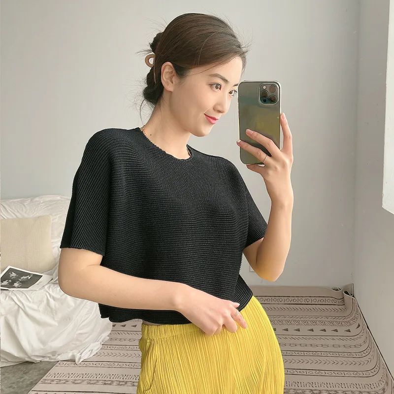 

TVVOVVIN simple short sleeve pullover top 2021 summer new loose all-match casual pleated open Navel t-shirt for women I3J4