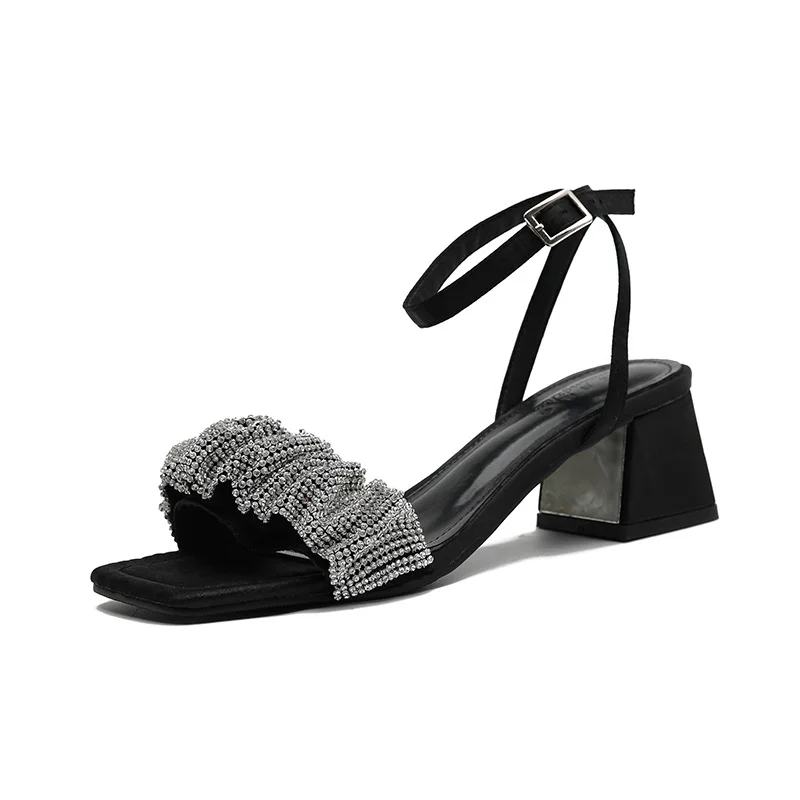 

One word strap high heel sandals women summer new style rhinestone thick heel buckle open toe sandals