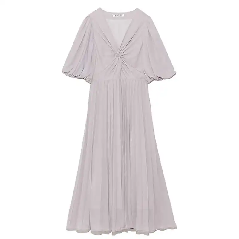 

2021 spring and summer new elegant V-neck cross Pleated Chiffon Dress