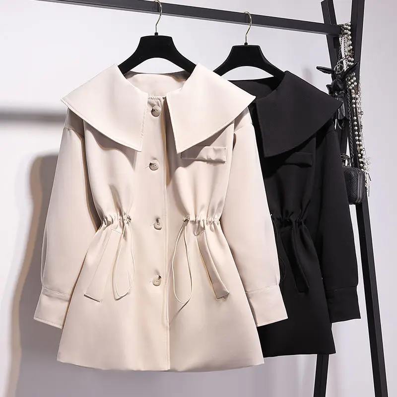 

Large size Women Adjustable Trench Coat 2021 Spring Autumn New Korean Loose Doll collar Outwear Solid Casual Female Windbreaker