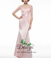 exqusite pink satin sash lace appliqued full length sheath custom made 34 sleeves satin plus size women dress vestido de fiesta