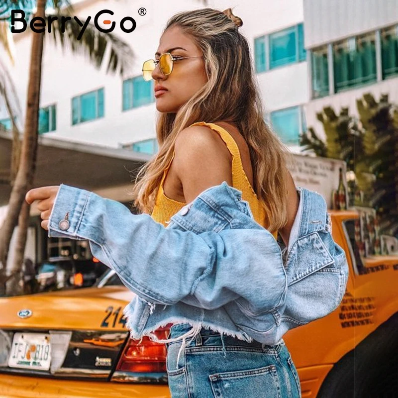 BerryGo Fashion ripped denim jackets women Casual pockets autumn winter jeans jacket coats Vintage streetwear short outerwears
