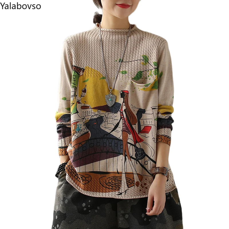 

women's Vintage cartoon printed sweater loose oversized tees plus size knitted tops women Winter 2021 Pullover knitwear Z3