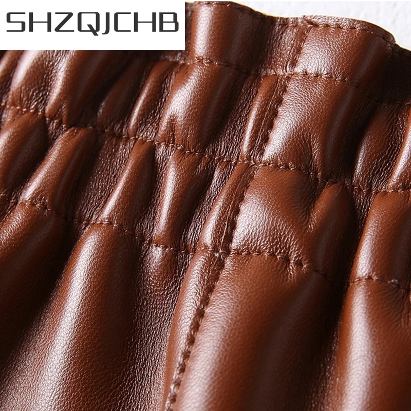 

JCHB 2021 Spring Shorts Women Sheepskin Genuine Leather Shorts Black Brown Leopard Print High Waist Pocket Short Feminino Sexy H