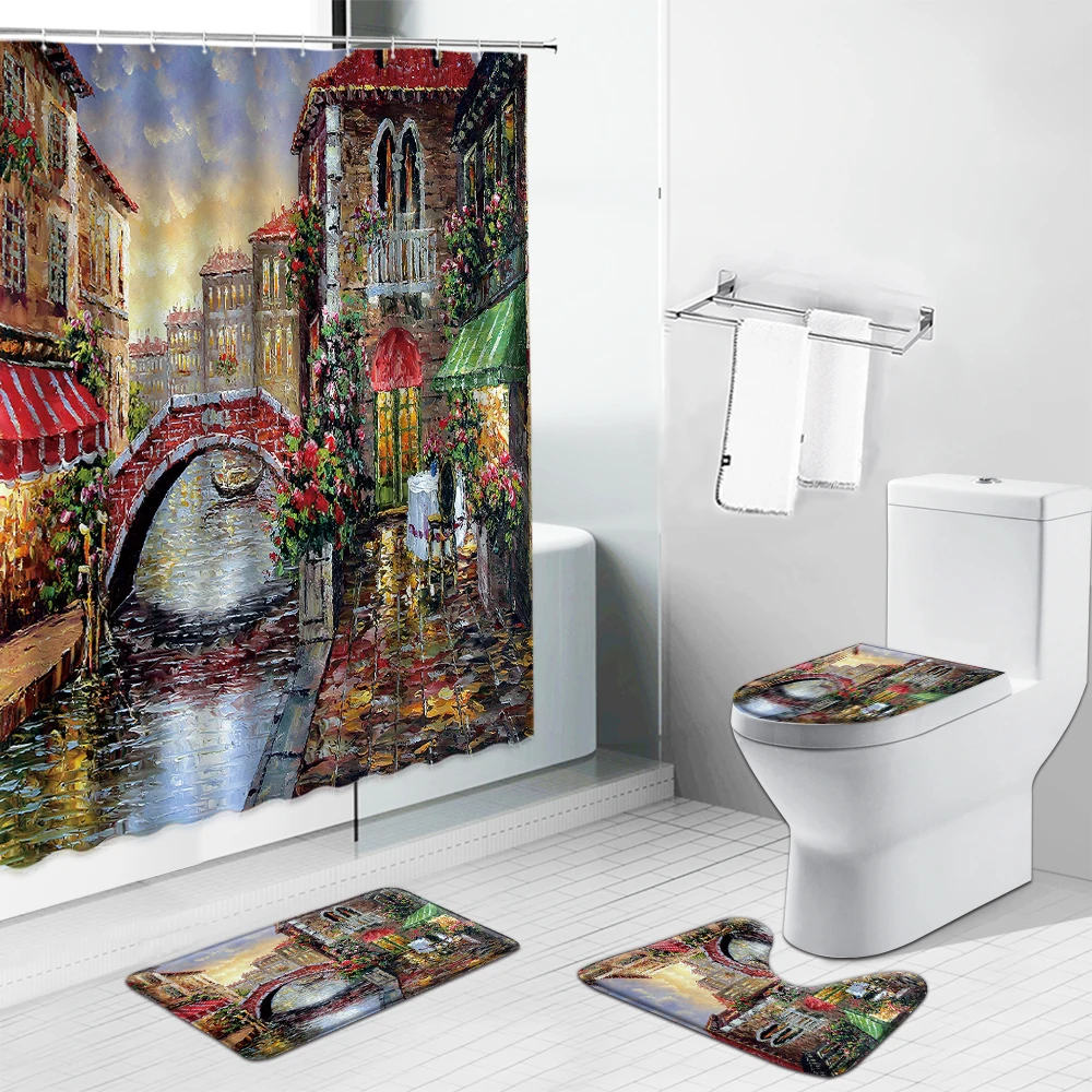 

Swan Lake Oil Painting Scenery Bathroom Set Shower Curtains European Style Rural Landscape Anti-Slip Mat Toilet Lid Cover Carpet
