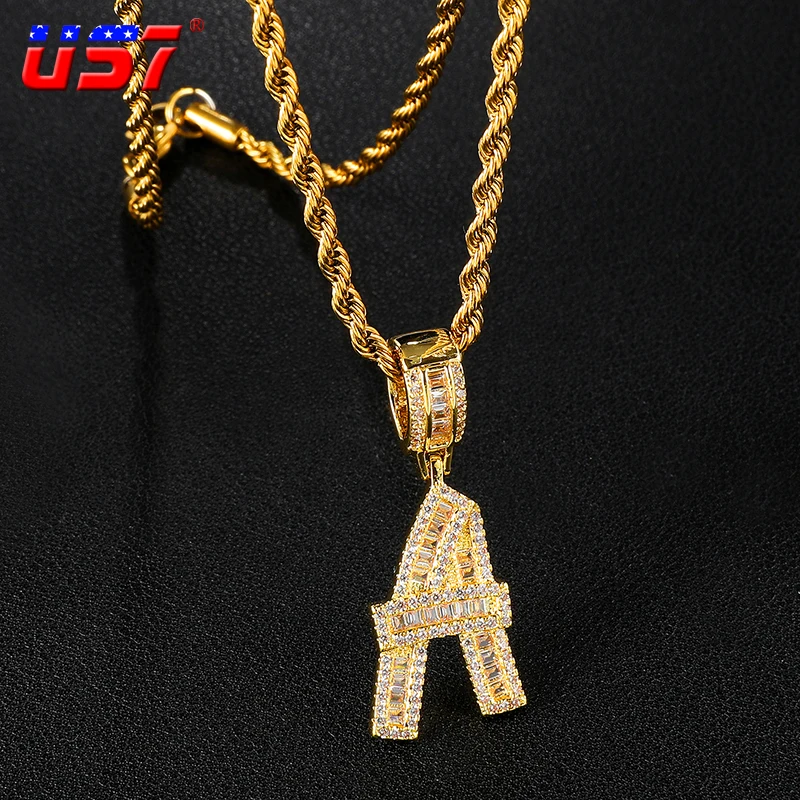 

US7 Custom Name Bling Baguette Initial Single Letters Pendant with Stainless Steel Necklace For Men Women Hip Hop Rock Jewelry