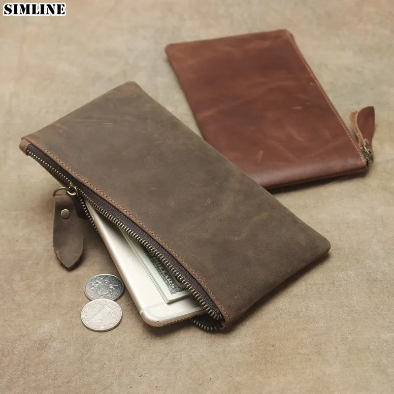 

100% Genuine Leather Wallet For Men Women Vintage Cowhide Long Slim Zipper Clutch Wallets Purse With Card Holder Phone Bag Male
