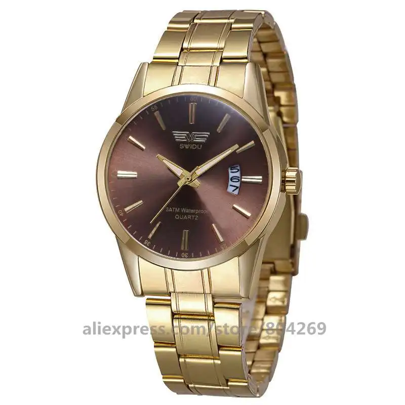 gold brown 50 шт./лот SWI-021 SWIDU мужские роскошные Простые Стальные часы с ремешком женские мужские кварцевые часы с календарем стальные мужские повседневные часы - Цвет: gold brown