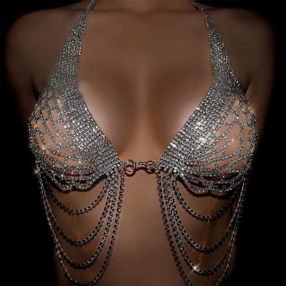 

Luxury Tassel Chest Chain Bra Harness Bikini Sexy Fashion Crystal Rhinestone Multilayer Body Chain Jewelry For Women Festival